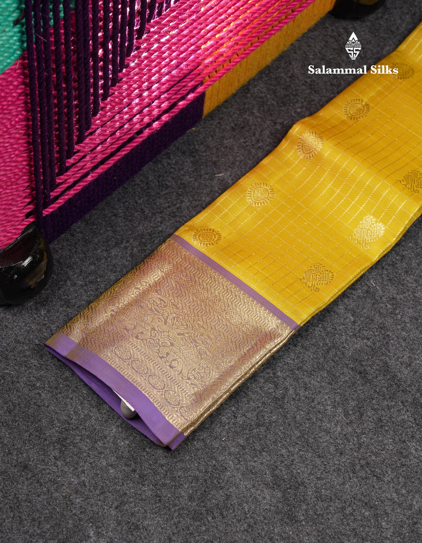 Beautiful Zari Checks With Annam And Chakaram Butta Pure Silk Pattu Pavadai (Sapphire Green) With Contrast Violet Traditional Blouse 18"