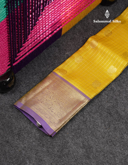 Beautiful Zari Checks With Annam And Chakaram Butta Pure Silk Pattu Pavadai (Sapphire Green) With Contrast Violet Traditional Blouse 18"