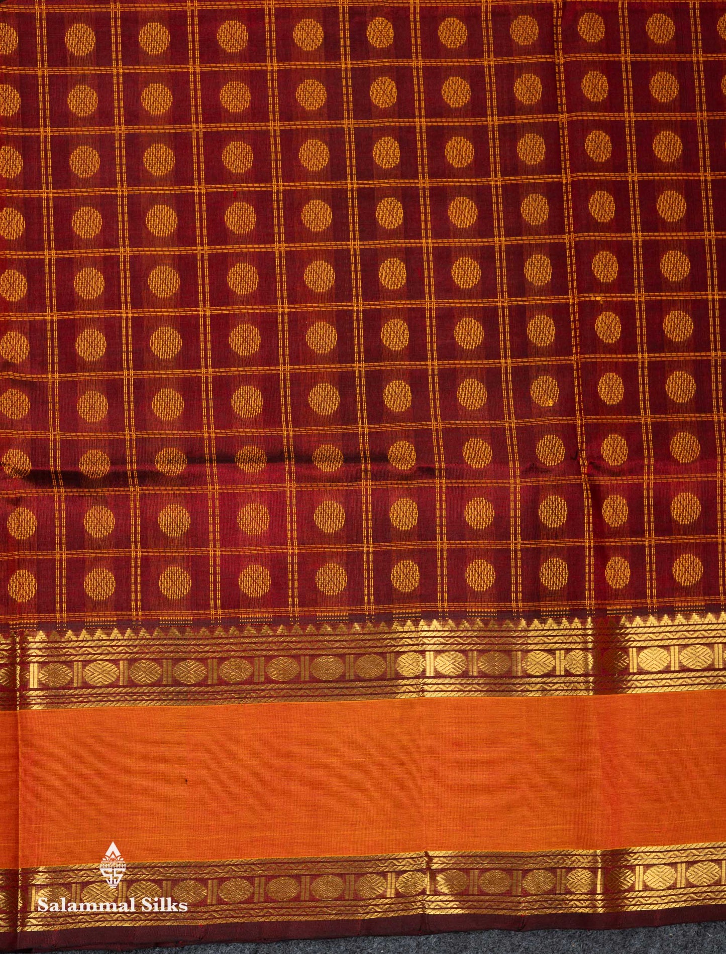 Beautiful Dark Maroon Rudraksha Butta With Checks Pure Silk Cotton Saree With Contrast Orange Traditional Gap Border