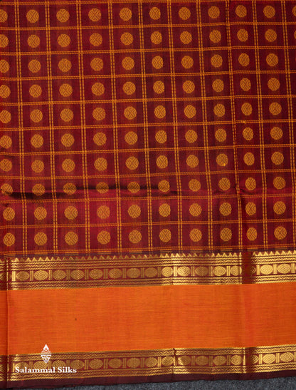 Beautiful Dark Maroon Rudraksha Butta With Checks Pure Silk Cotton Saree With Contrast Orange Traditional Gap Border