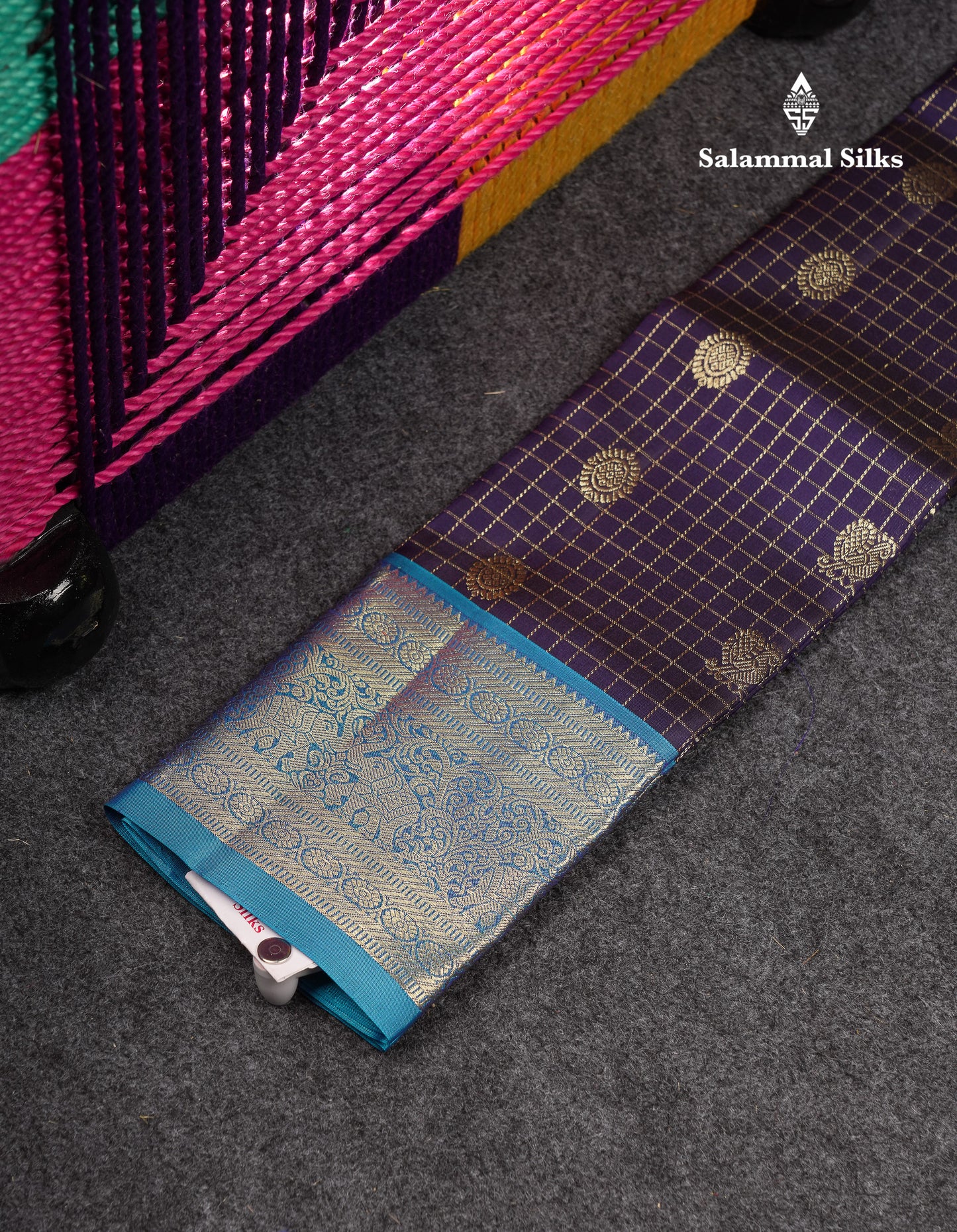 Beautiful Zari Checks With Annam And Chakaram Butta Pure Silk Pattu Pavadai (Sapphire Green) With Contrast Violet Traditional Blouse 18"