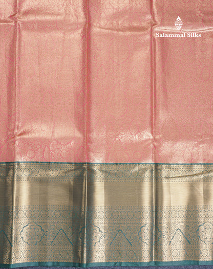 Peach Tissue Bridal Semi Silk Saree With Contrast Bottle Green Border