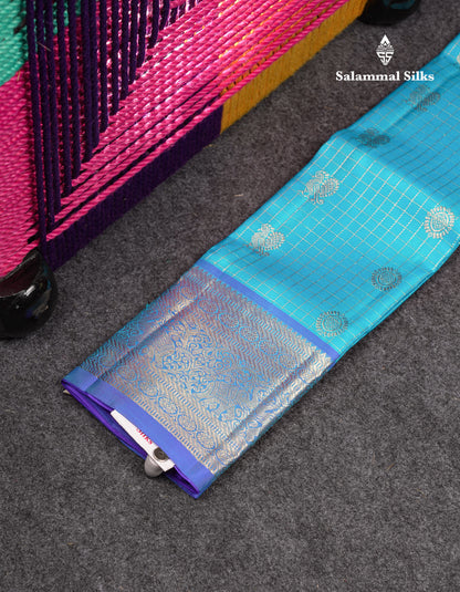 Beautiful Zari Checks With Annam And Chakaram Butta Pure Silk Pattu Pavadai (Sapphire Green) With Contrast Violet Traditional Blouse 18"