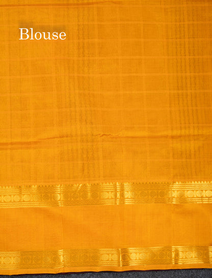 Beautiful Dark Maroon Rudraksha Butta With Checks Pure Silk Cotton Saree With Contrast Orange Traditional Gap Border