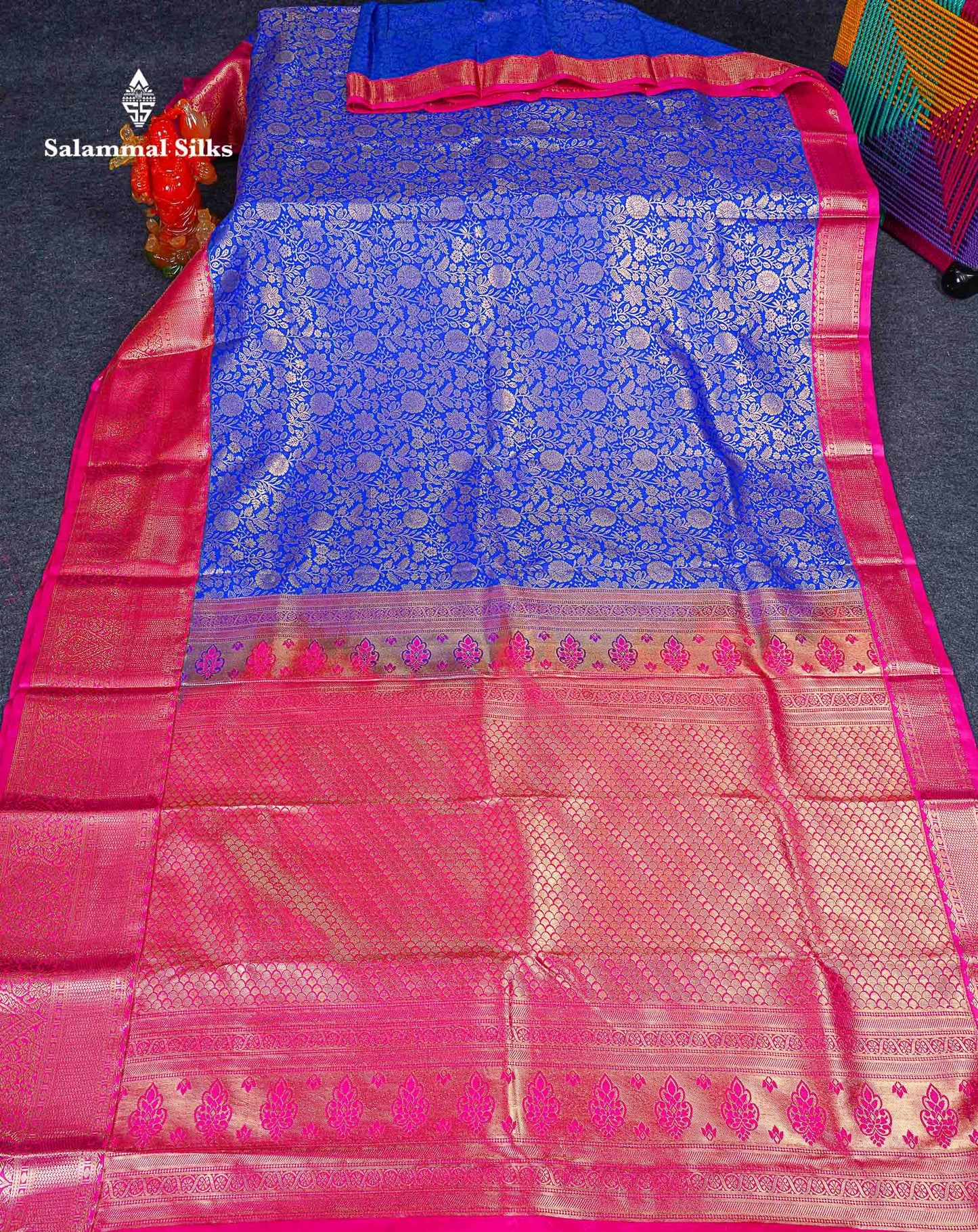 Bridal Semi Silk Saree -  Royal Blue Colour Body With Contrast Pink Traditional Evening Morning Border