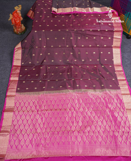 Beautiful Dual Tone Maroon Pure Kanjivaram Silk Saree With Contrast Pink Traditional Medium Border