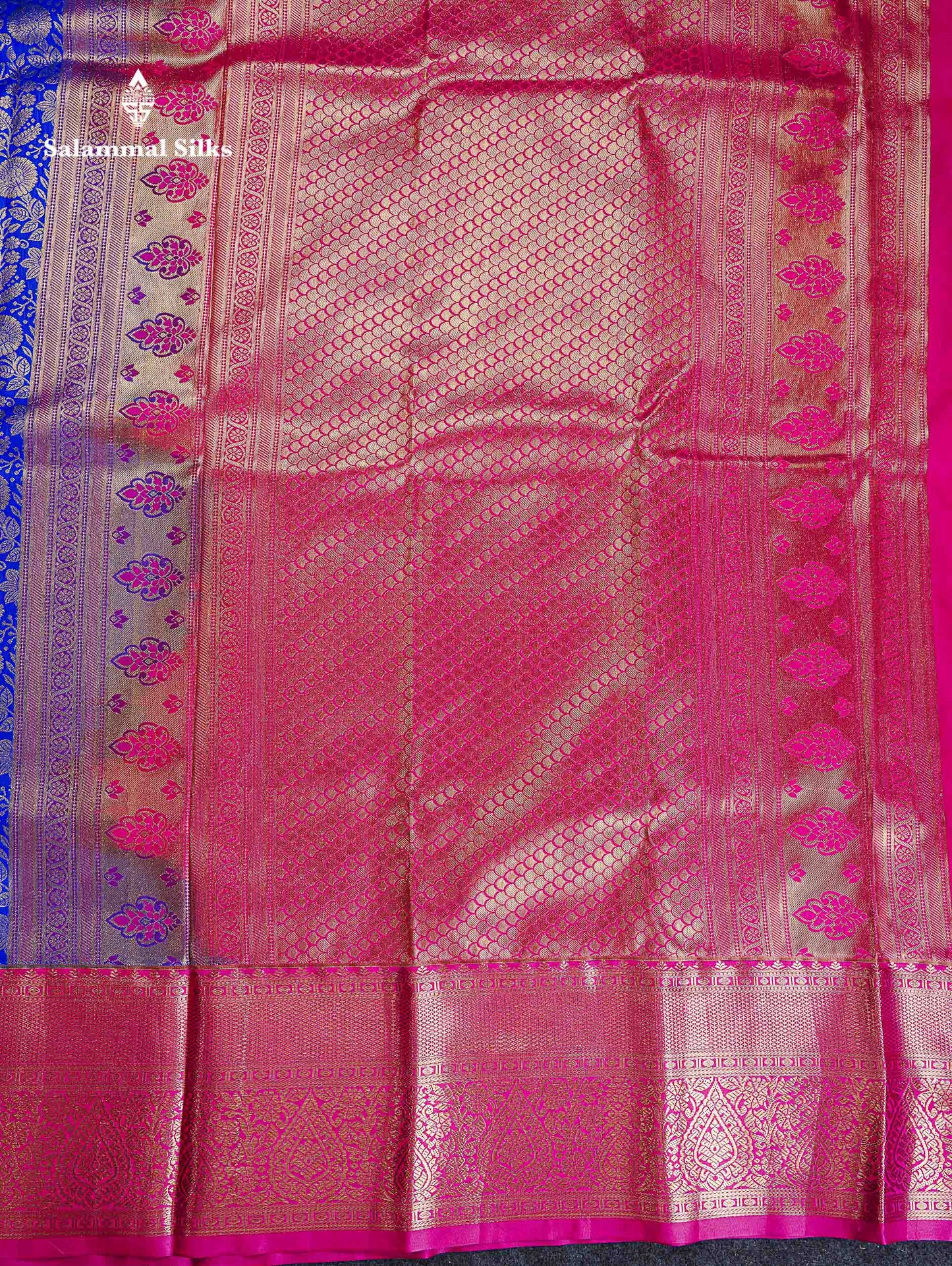 Bridal Semi Silk Saree -  Royal Blue Colour Body With Contrast Pink Traditional Evening Morning Border
