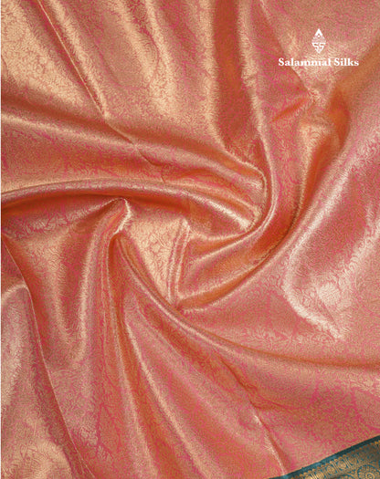 Peach Tissue Bridal Semi Silk Saree With Contrast Bottle Green Border