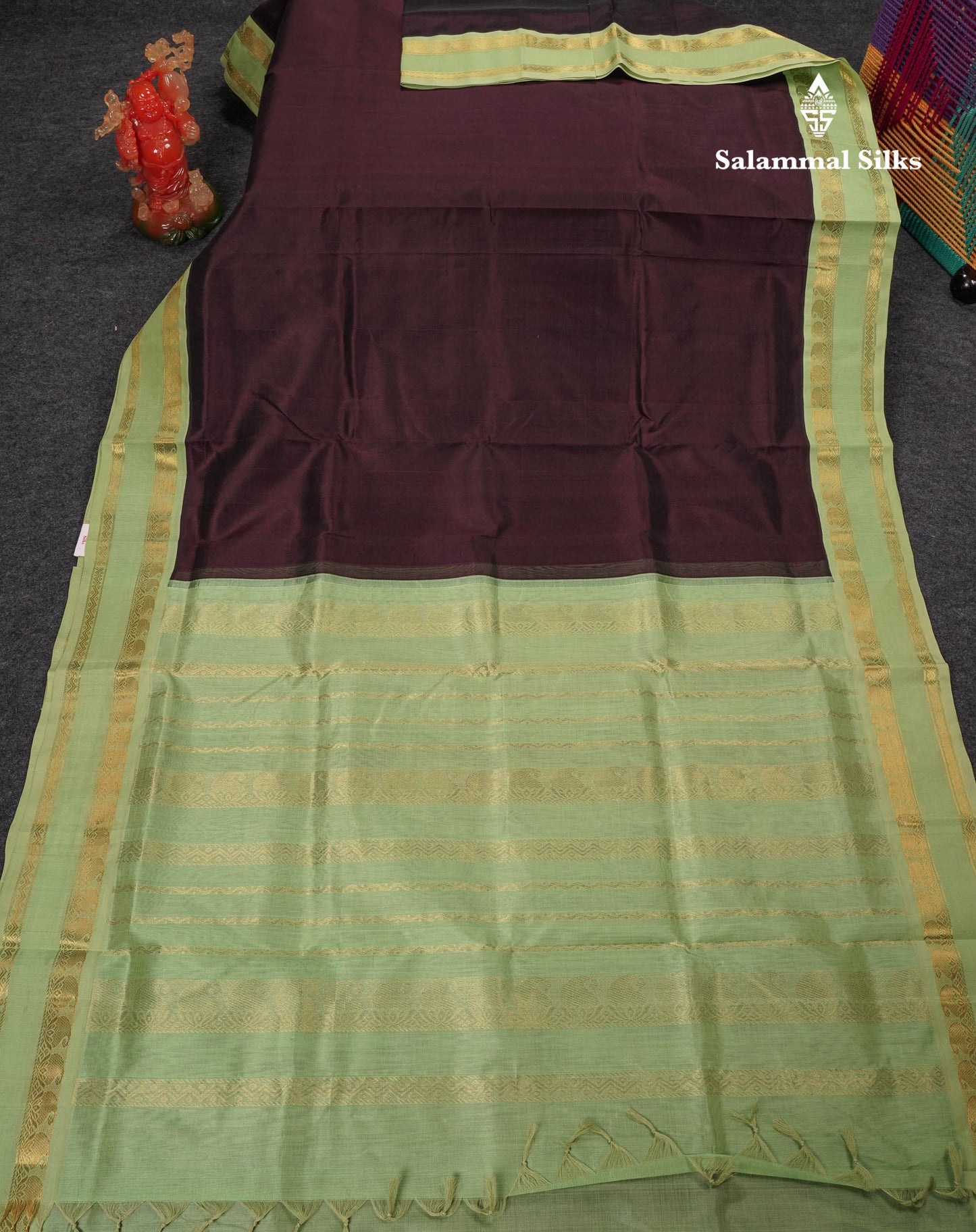 Beautiful Dark Brown Plain Pure Silk Cotton Saree With Contrast Pista Green Traditional Gap Border