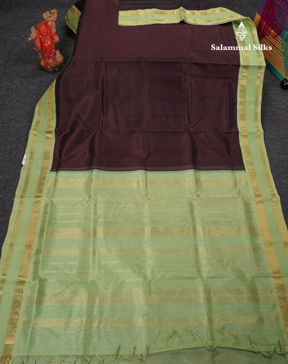 Beautiful Dark Brown Plain Pure Silk Cotton Saree With Contrast Pista Green Traditional Gap Border