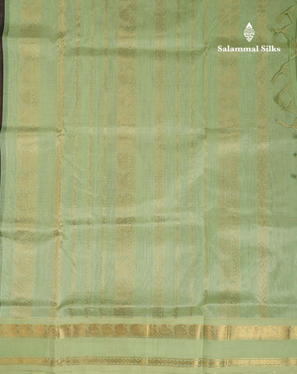 Beautiful Dark Brown Plain Pure Silk Cotton Saree With Contrast Pista Green Traditional Gap Border