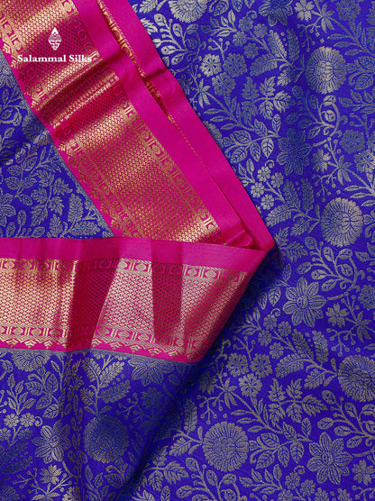 Bridal Semi Silk Saree -  Royal Blue Colour Body With Contrast Pink Traditional Evening Morning Border
