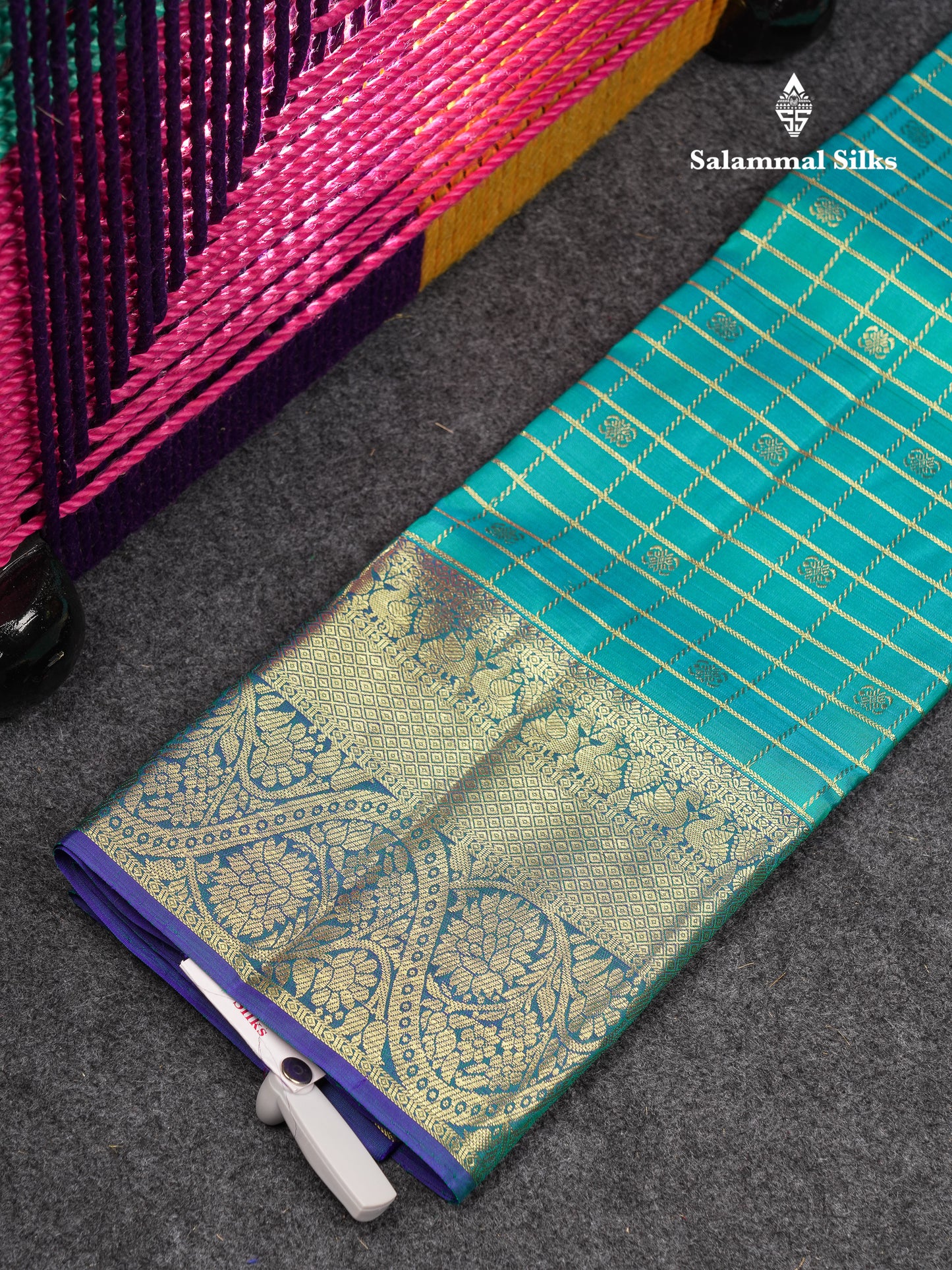 Beautiful Pure Silk Pattu Pavadai Checks With Butta (Manthulir Yellow) With Contrast Purple Blouse 27"