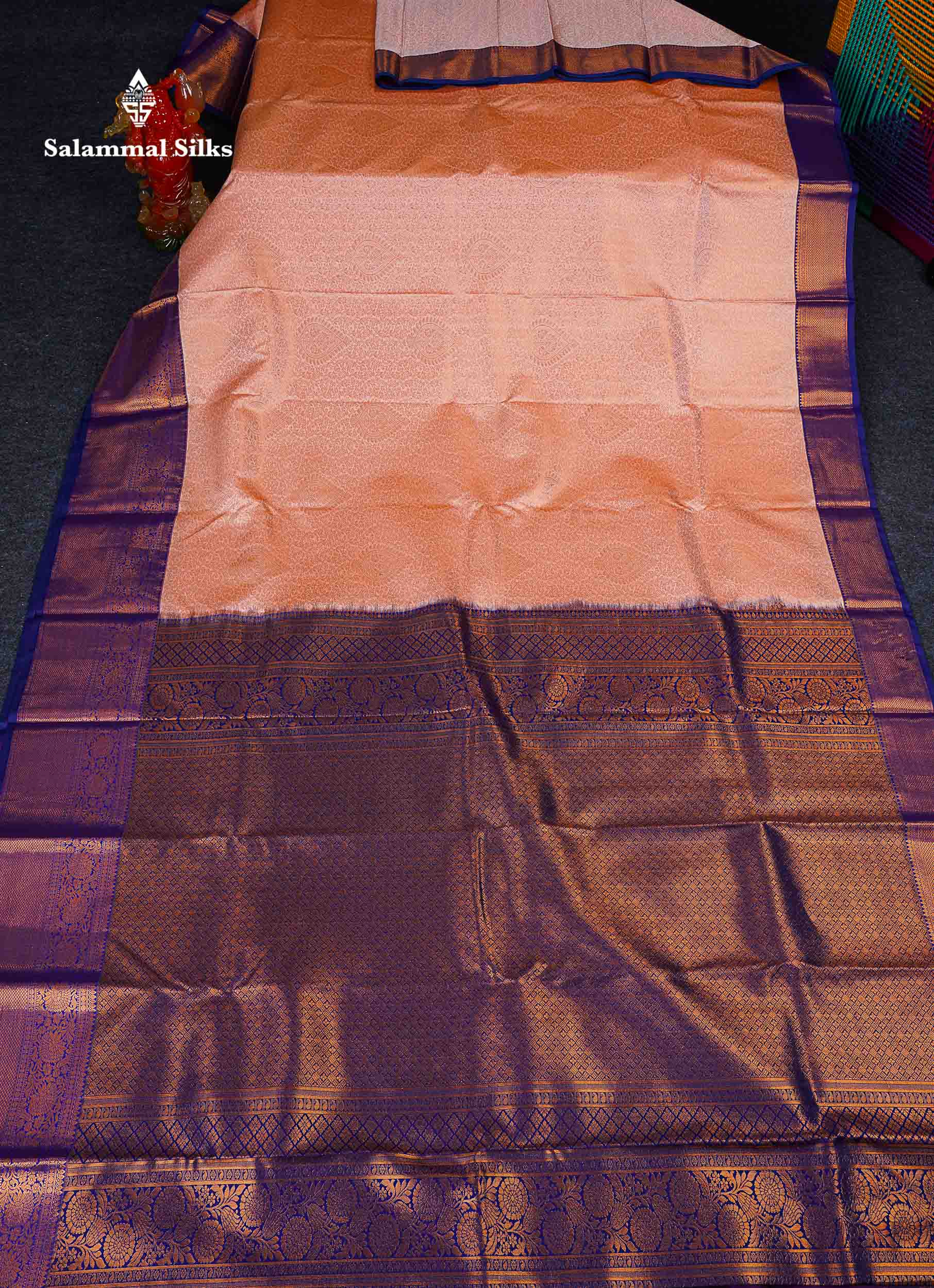 Bridal Semi Silk Saree -  Peach Colour Body With Contrast Navy Blue Traditional Evening Morning Border