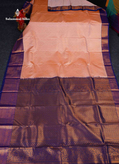 Bridal Semi Silk Saree -  Peach Colour Body With Contrast Navy Blue Traditional Evening Morning Border