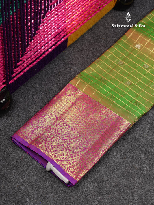 Beautiful Pure Silk Pattu Pavadai Checks With Butta (Manthulir Yellow) With Contrast Purple Blouse 27"