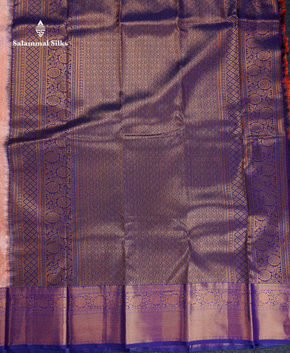 Bridal Semi Silk Saree -  Peach Colour Body With Contrast Navy Blue Traditional Evening Morning Border