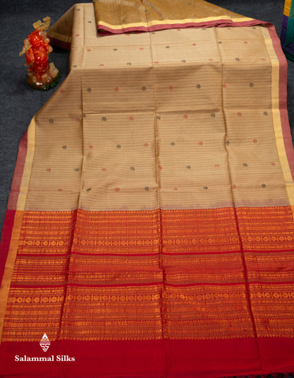 Beautiful Dark Sandal Stripes With Chakaram & Peacock Thread Work Butta Pure Silk Cotton Saree With Contrast Redish Maroon Blouse