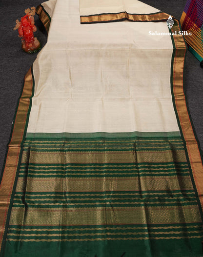Beautiful Half White Plain Pure Silk Cotton Saree With Contrast Bottle Green Traditional Border