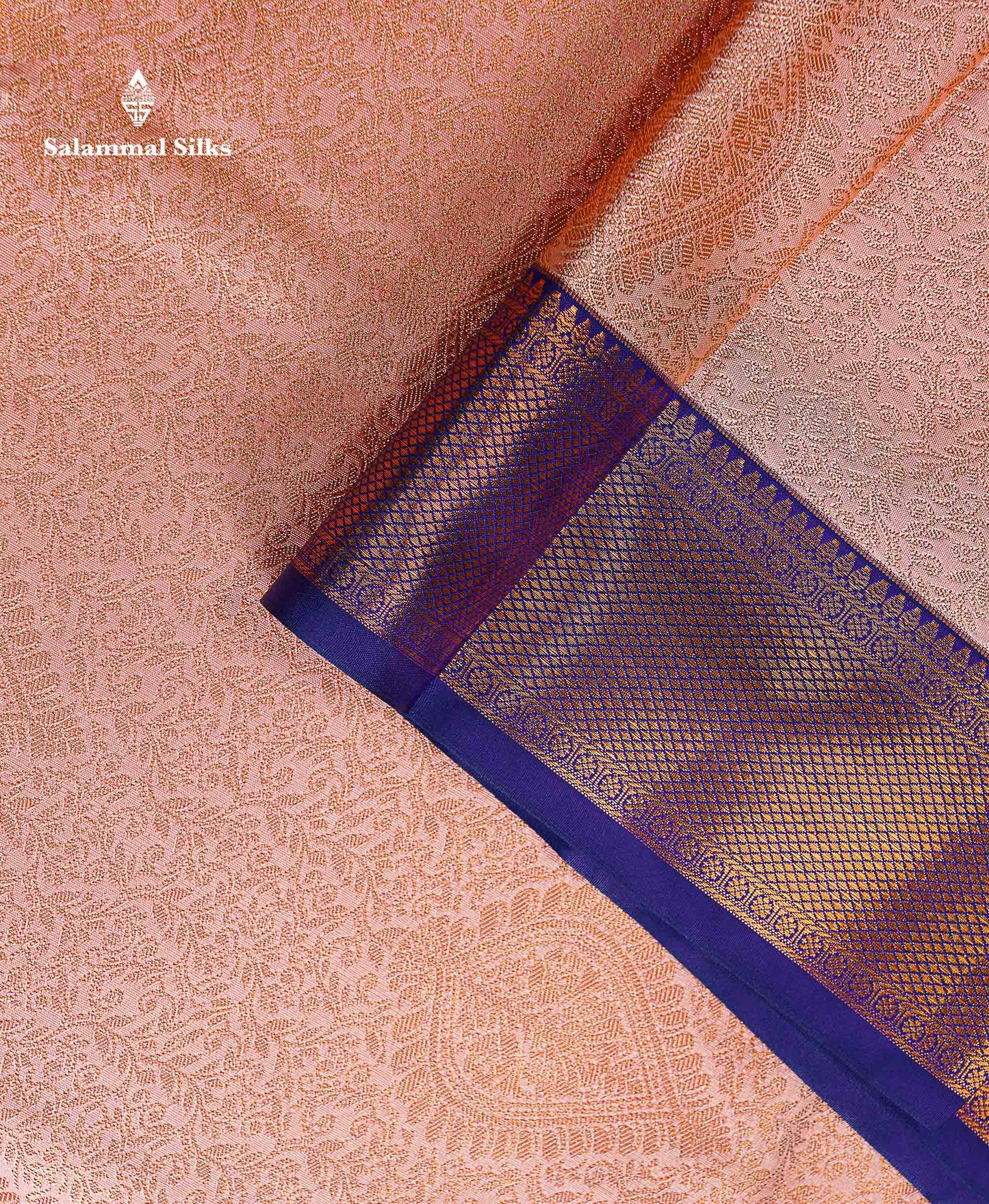 Bridal Semi Silk Saree -  Peach Colour Body With Contrast Navy Blue Traditional Evening Morning Border