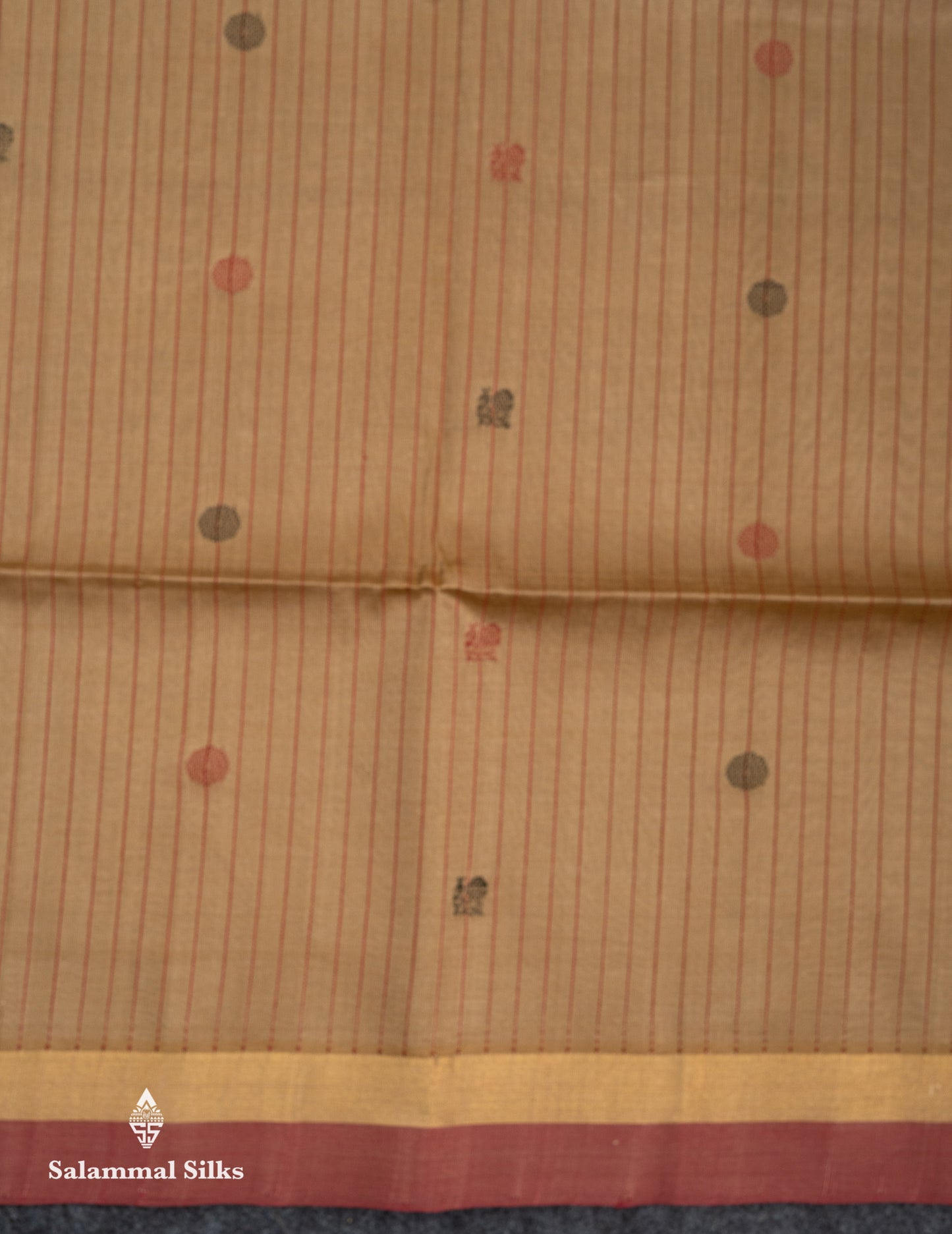 Beautiful Dark Sandal Stripes With Chakaram & Peacock Thread Work Butta Pure Silk Cotton Saree With Contrast Redish Maroon Blouse