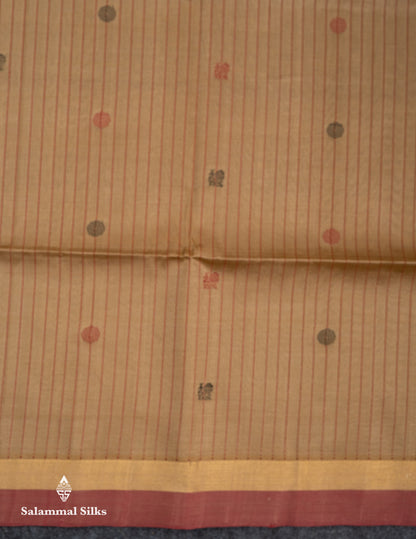 Beautiful Dark Sandal Stripes With Chakaram & Peacock Thread Work Butta Pure Silk Cotton Saree With Contrast Redish Maroon Blouse