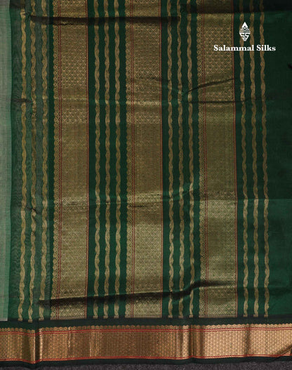Beautiful Half White Plain Pure Silk Cotton Saree With Contrast Bottle Green Traditional Border