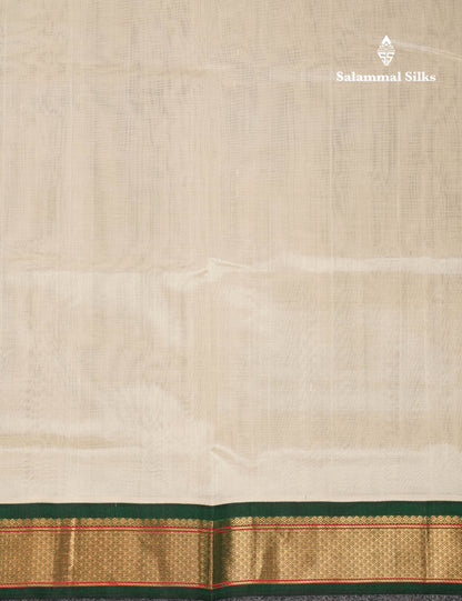 Beautiful Half White Plain Pure Silk Cotton Saree With Contrast Bottle Green Traditional Border