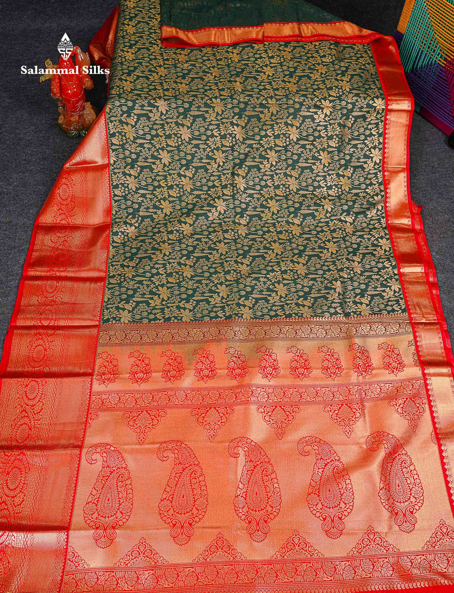 Bridal Semi Silk Saree - Bottle Green Colour Body With Contrast Chilly Red Traditional Evening Morning Border 