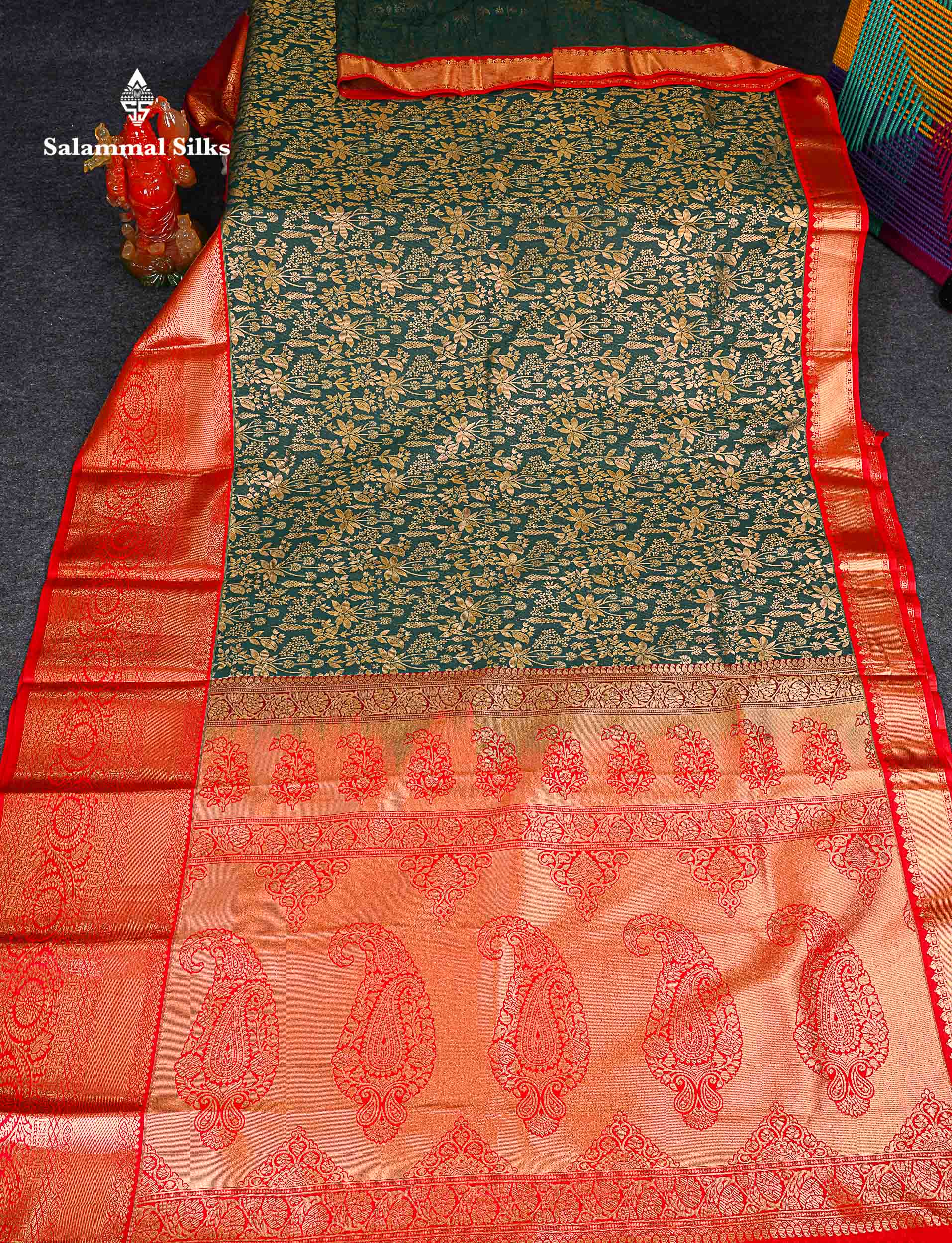 Bridal Semi Silk Saree - Bottle Green Colour Body With Contrast Chilly Red Traditional Evening Morning Border 