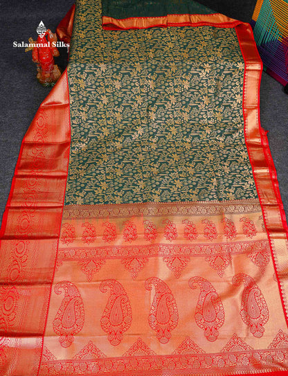 Bridal Semi Silk Saree - Bottle Green Colour Body With Contrast Chilly Red Traditional Evening Morning Border 