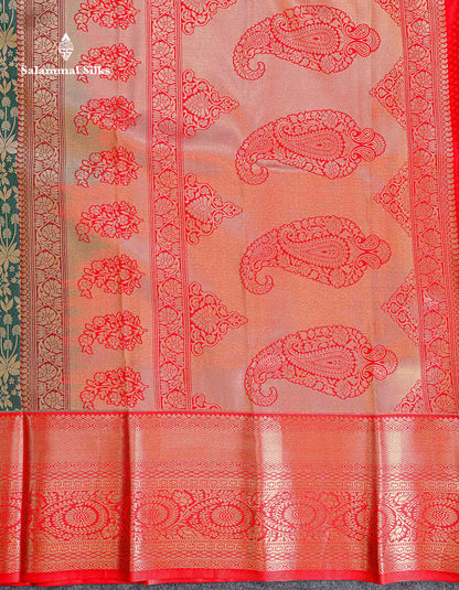 Bridal Semi Silk Saree - Bottle Green Colour Body With Contrast Chilly Red Traditional Evening Morning Border