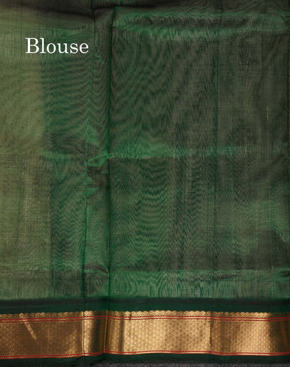 Beautiful Half White Plain Pure Silk Cotton Saree With Contrast Bottle Green Traditional Border
