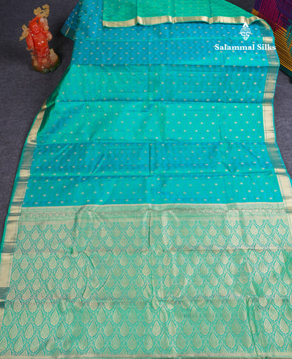 Beautiful Dual Tone Sapphire Green Pure Kanjivaram Silk Saree With Traditional Small Border