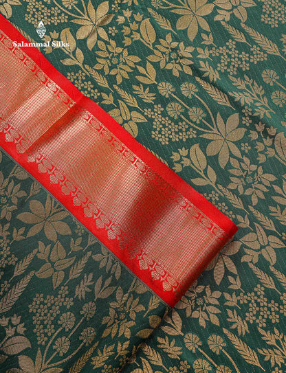 Bridal Semi Silk Saree - Bottle Green Colour Body With Contrast Chilly Red Traditional Evening Morning Border
