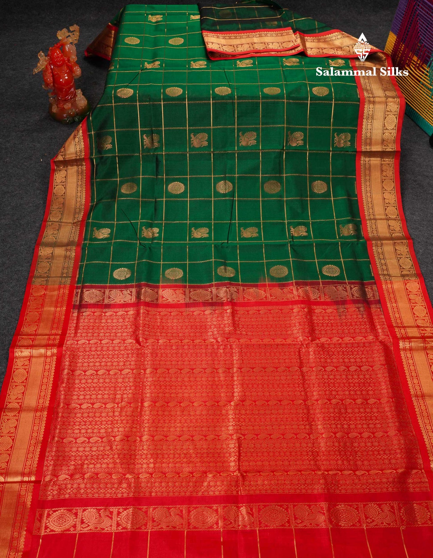 Beautiful Bottle Green Zari Checks Pure Silk Cotton Saree With Contrast Dual Tone Red Traditional Border