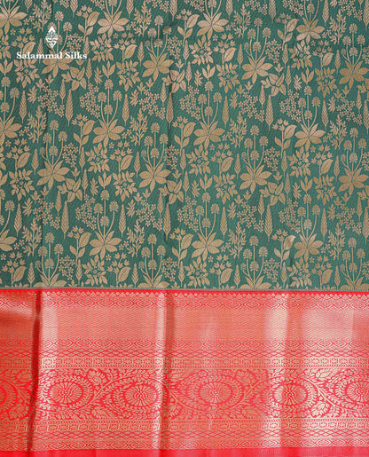Bridal Semi Silk Saree - Bottle Green Colour Body With Contrast Chilly Red Traditional Evening Morning Border