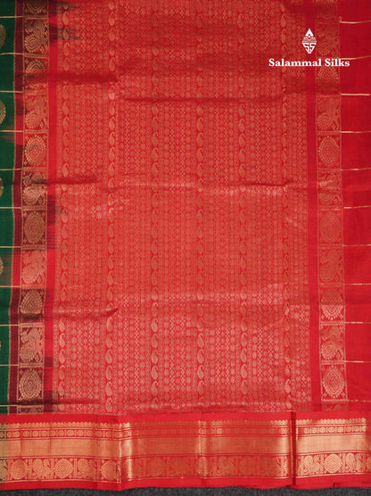 Beautiful Bottle Green Zari Checks Pure Silk Cotton Saree With Contrast Dual Tone Red Traditional Border