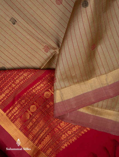 Beautiful Dark Sandal Stripes With Chakaram & Peacock Thread Work Butta Pure Silk Cotton Saree With Contrast Redish Maroon Blouse