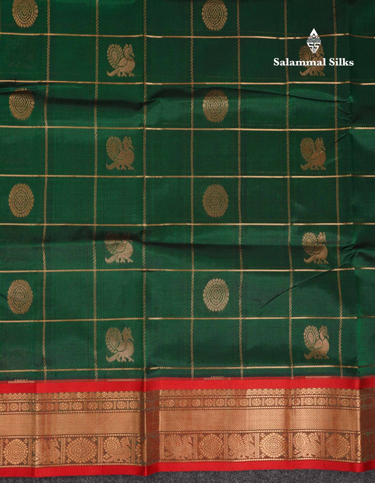 Beautiful Bottle Green Zari Checks Pure Silk Cotton Saree With Contrast Dual Tone Red Traditional Border