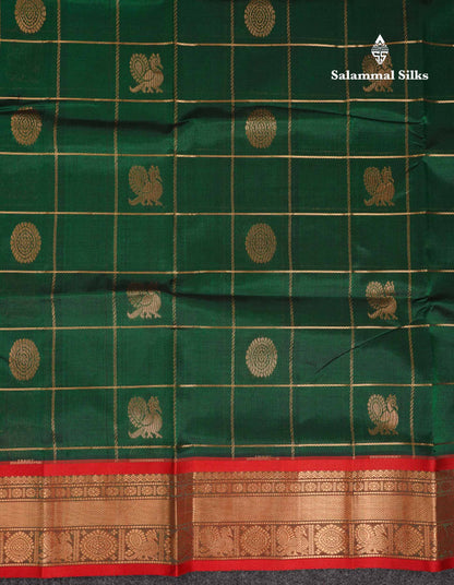 Beautiful Bottle Green Zari Checks Pure Silk Cotton Saree With Contrast Dual Tone Red Traditional Border