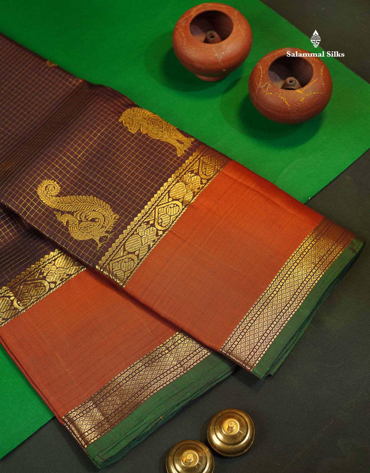 Pure Kanjivaram Silk Saree - Dark Brown Colour Body Checks With Butta & Rust Orange Gap Border