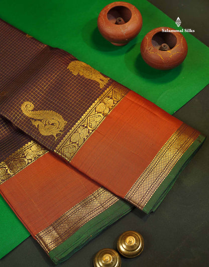 Pure Kanjivaram Silk Saree - Dark Brown Colour Body Checks With Butta & Rust Orange Gap Border