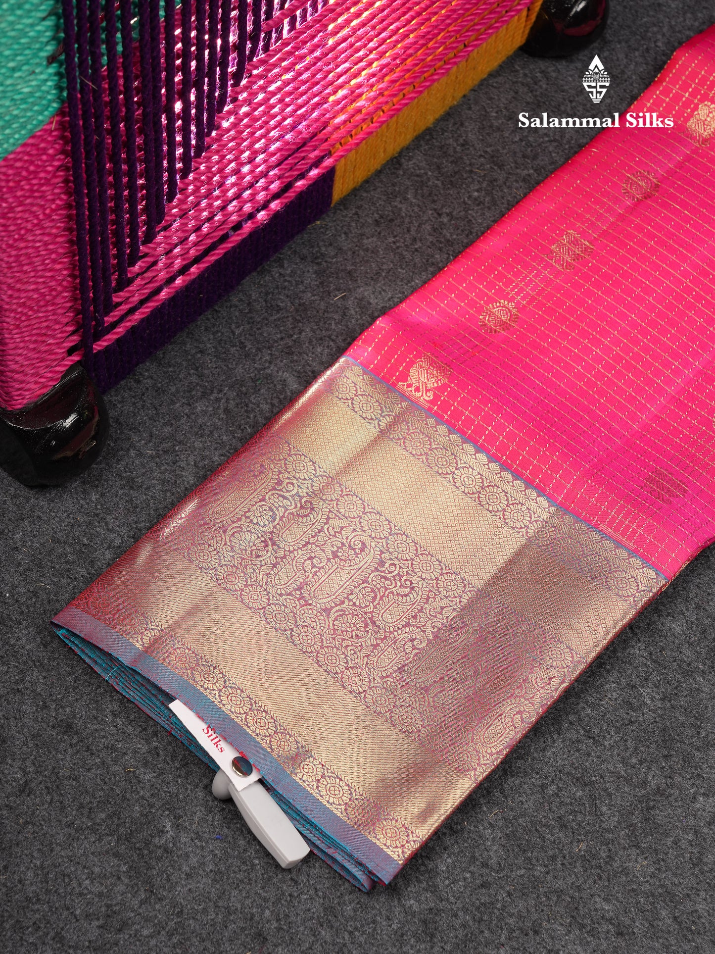 Beautiful Pure Silk Pattu Pavadai Checks With Butta (Pink) With Contrast Blue Blouse 36"