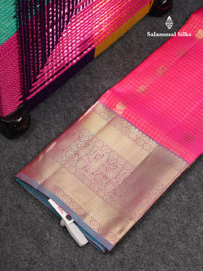 Beautiful Pure Silk Pattu Pavadai Checks With Butta (Pink) With Contrast Blue Blouse 36"
