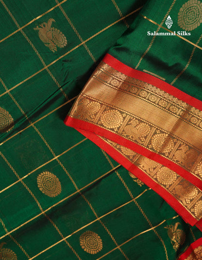 Beautiful Bottle Green Zari Checks Pure Silk Cotton Saree With Contrast Dual Tone Red Traditional Border