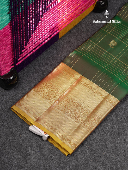 Beautiful Pure Silk Pattu Pavadai Checks With Butta (Bottle Green) With Contrast Olive Mustard Yellow Blouse 36"