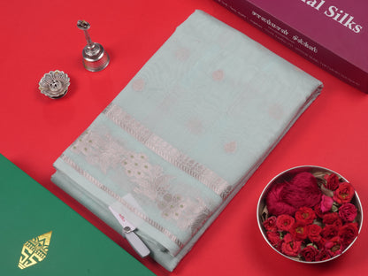 Pastel Blue Colour Cotton Mix Saree With Silver Zari Menna Work Border