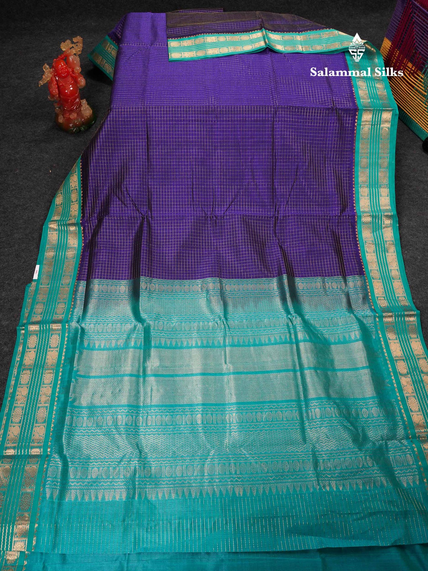 Beautiful Dual Tone Navy Blue Zari Checks Pure Silk Cotton Saree With Contrast Sapphire Green Traditional Border