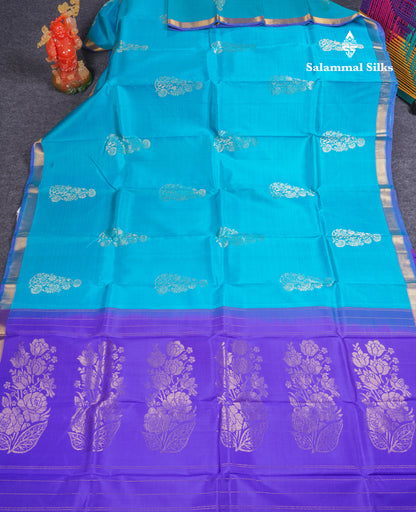 Beautiful Sky Blue Pure Kanjivaram Silk Saree With Contrast Violet Blouse